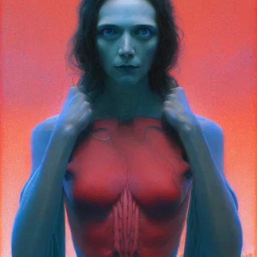 Prompt: Portrait Masterpiece, Wanda Maximoff, extremely skinny, red, glowing, wires everywhere, by Edgar Maxence and Ross Tran, Zdzisław Beksiński, and Michael Whelan, distant, gustav dore, H.R. Giger, 8k, octane render