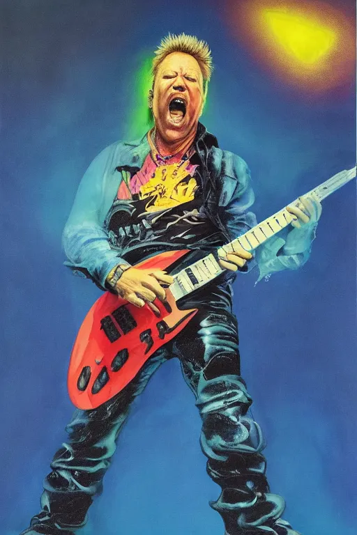 Prompt: hyperrealism, fluorescent james hetfield from metallica singing and playing an electric guitar and floating in indigo space with light blue brutalist architecture in the horizon, realistic face, photorealistic, vivid colours, cinematic, 4 k, high resolution