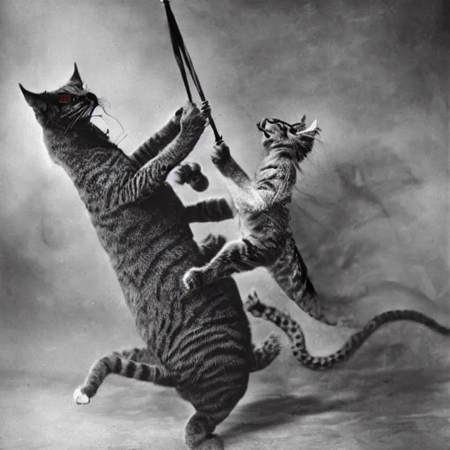 Image similar to silver gelatin photograph of a cat attacking a dragon, london 1 9 1 2