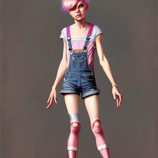 Image similar to full body pose, pixar, beautiful androgynous girl, pink pixie cut hair, torn overalls, short shorts, combat boots, fishnets, beautiful, highly detailed face, true anatomy!, extremely detailed!, digital painting, unreal engine 5, art by tom bagshaw