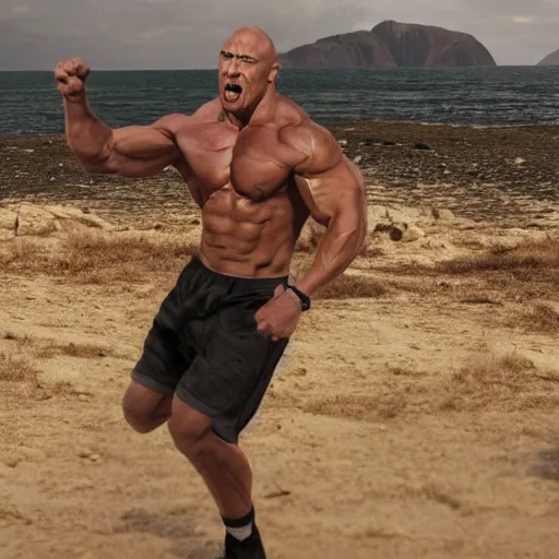 Image similar to photo of the rock flexing and yelling let's go!, bell visible in the background on his left, low perspective, isometric perspective, film scene