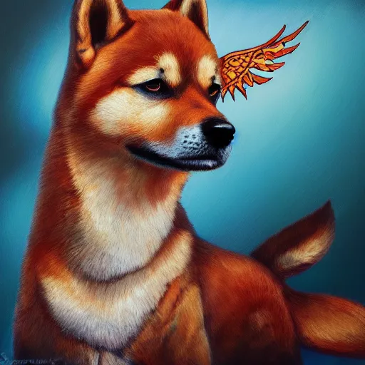 Prompt: an oil painting of a shiba inu with dragon wings, hd, artstation, 4 k wallpaper