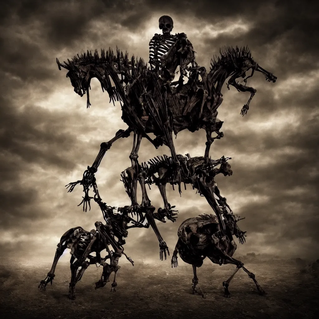 Image similar to a skeleton on a horse in the abyss, dark and mysterious, stopped in time, atmospheric, ominous, eerie, cinematic, epic, 8 k, 4 k, ultra detail, ultra realistic