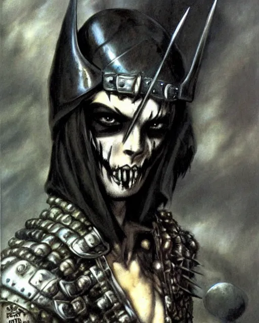 Image similar to portrait of a skinny punk goth thief wearing armor by simon bisley, john blance, frank frazetta, fantasy, barbarian, hardcore