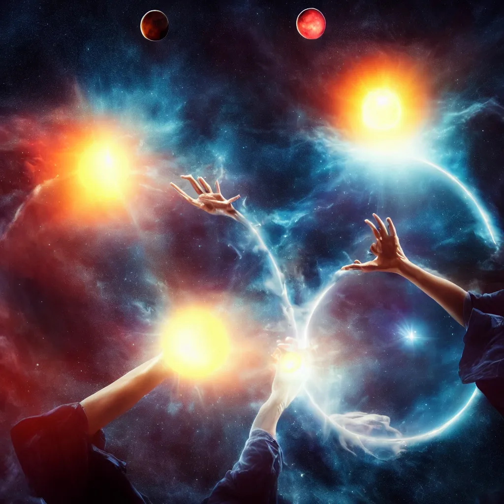 Image similar to giant celestial god levitating a solar system between it's hands, space, black hole, planet, clouds, nebula, creature, monster, alien tentacles, apocaplypse, destruction, demon, magician, archmage, wizard, tower, castle, colorful, high constrast, lens flare, oil painting, detailed, 4 k, 8 k, peter mohrbacher