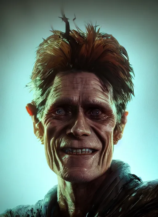 Image similar to A fantasy comic book style portrait painting of Willem Dafoe as a necromancer in dark castle setting, unreal 5, DAZ, hyperrealistic, octane render, RPG portrait, dynamic lighting