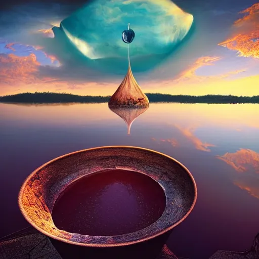 Image similar to a surreal landscape at sunset with a immense gigantic ornated iron chalice cup with a lake inside, water in excess dropping by gediminas pranckevicius