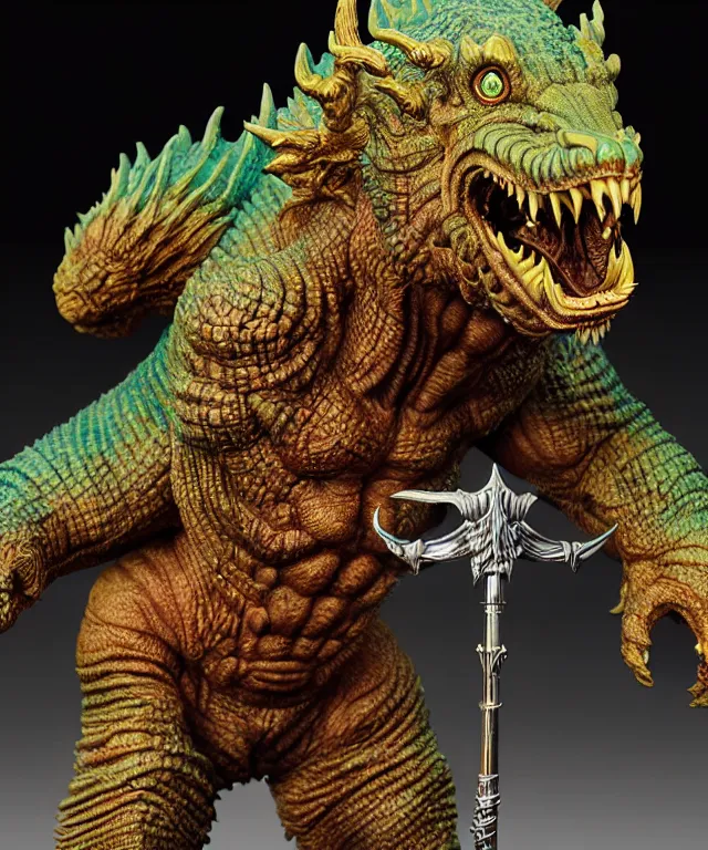 Prompt: a hyperrealistic rendering of an epic boss fight against an ornate king emporer kaiju beast god by art of skinner and richard corben, product photography, collectible action figure, sofubi