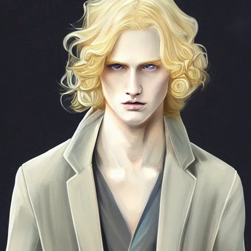 Prompt: Johan Liebert the pale blond androgynous god of the sun, highly detailed, very very very long curly golden blond hair, baroque curls, curtain bangs, central parted fringe, extremely luscious curly blond hair, very very very pale white skin, digital painting, artstation, concept art, soft light, sharp focus, illustration