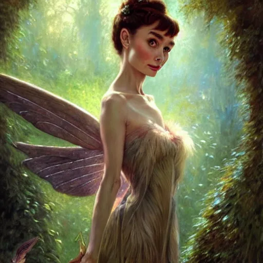 Image similar to audrey hepburn as a winged fairy in a fantasy forest, various backgrounds, highly detailed, digital painting, artstation, matte, illustration, art by gaston bussiere, artgerm, greg rutkowski, tom bagshaw