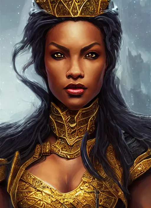 Prompt: black female queen, gold, ultra detailed fantasy, dndbeyond, bright, colourful, realistic, dnd character portrait, full body, pathfinder, pinterest, art by ralph horsley, dnd, rpg, lotr game design fanart by concept art, behance hd, artstation, deviantart, hdr render in unreal engine 5