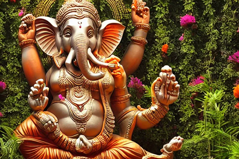 Image similar to magnificent futuristic new delhi, sharp biophilic ganesha!! building, kalighat flowers, highly detailed, stephen shore & john j. park, cinematic light, wide shot, ground angle, uhd 8 k, sharp focus