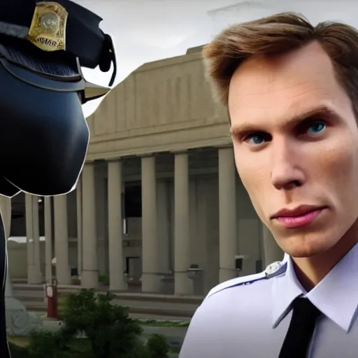 Prompt: jerma staring threateningly at the camera, hyper realistic, photography, centered, police in the background