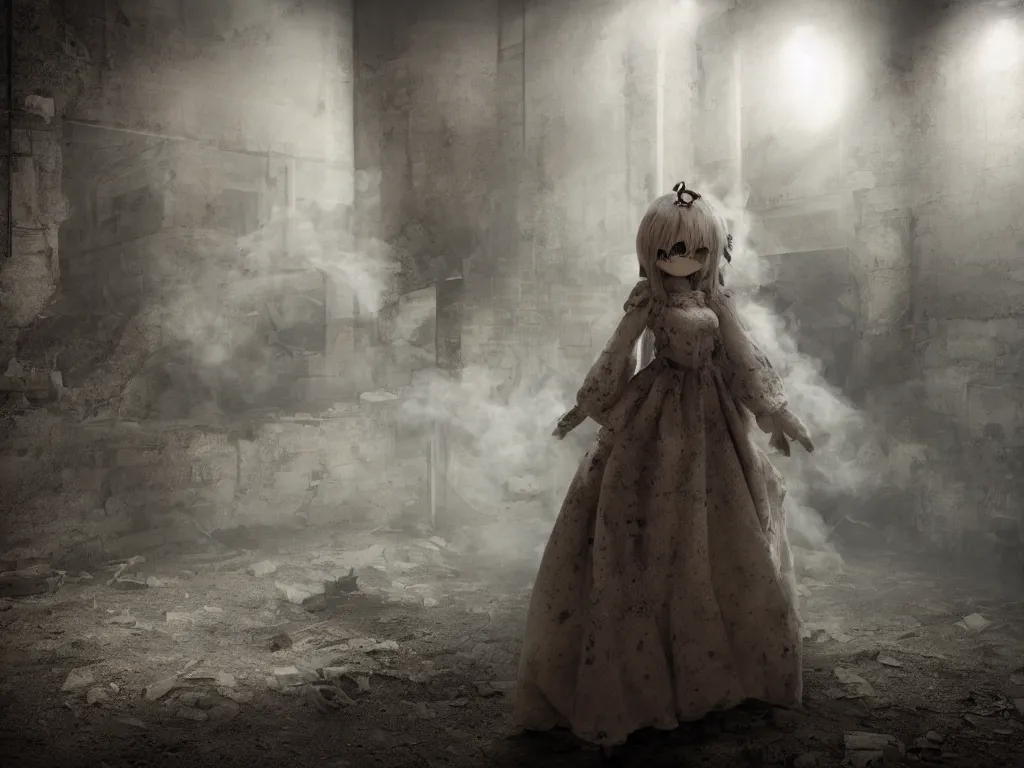 Image similar to cute fumo plush girl ghost in a mysterious concrete wartorn brutalist ruin, chibi gothic wraith maiden of the afterlife, dramatic three point lighting, glowing wisps of hazy smoke and volumetric fog swirling about, production volume rendering, vray