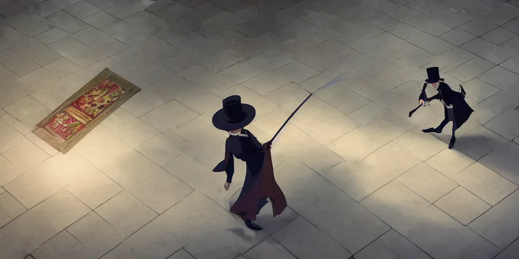 Image similar to animation key shot of a magician with a pointy hat dressed sweeping the floor in an elegant castle, studio ghibli, pixar and disney animation, sharp, rendered in unreal engine 5, anime key art by greg rutkowski, bloom, dramatic lighting