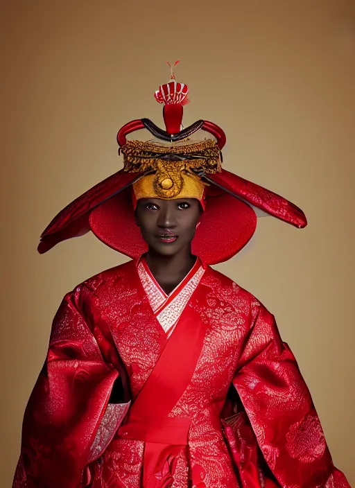 Prompt: portrait of attractive dark - skinned tanzanian woman wearing regal japanese ceremonial attire, red dress, intricate details, ultra - realistic, studio lighting, contrasting background, editorial photography by alex james