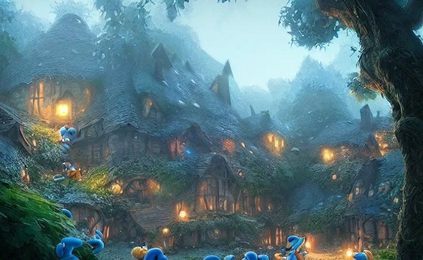 Image similar to a beautiful photo the smurfs village, hyper realistic, natural light, concept art, by greg rutkowski, cozy atmospheric and cinematic lighting