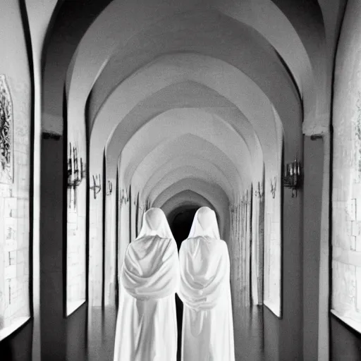 Image similar to nightmare vision, long depth of field. black and white, award winning photo of smiling levitating twin nuns, wearing translucent sheet, Mary in a sanctuary, mirror hallways, eerie, tall columns, frightening —width 1024 —height 1024