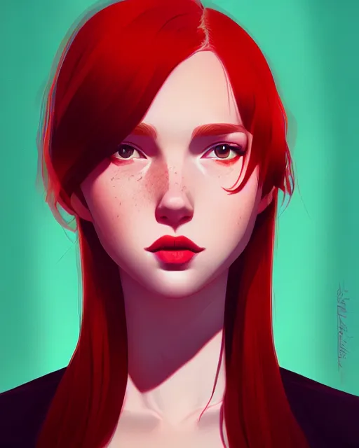 Prompt: a detailed portrait of a pretty woman with red hair and freckles by ilya kuvshinov, digital art, dramatic lighting, dramatic angle