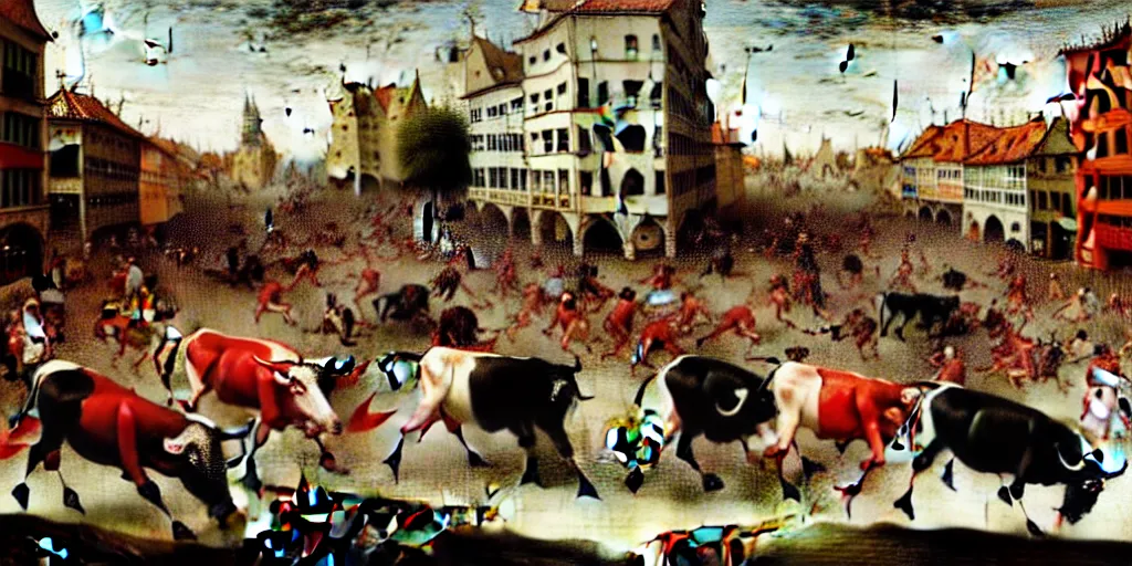 Image similar to the running of the bulls in pamplona, hundreds of people are fleeing from rampaging bulls in the city streets, art by hieronymus bosch, intricate, elegant, highly detailed, smooth, sharp focus, artstation