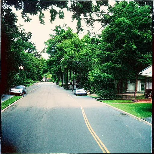 Image similar to a photograph of a suburban street during summer, 2 0 0 6, taken with a disposable camera