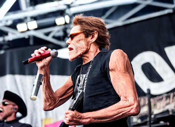 Image similar to photo still of willem dafoe on stage at vans warped tour!!!!!!!! at age 4 0 years old 4 0 years of age!!!!!!! singing into a mic, 8 k, 8 5 mm f 1. 8, studio lighting, rim light, right side key light