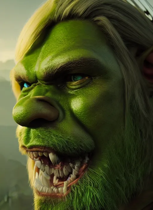 Image similar to portrait of a berserker green orc, long blond hair and beard, perfect facial symmetry + dim volumetric lighting, 8k octane beautifully detailed render, post-processing, extremely hyperdetailed, intricate, epic composition, grim yet sparkling atmosphere, cinematic lighting + masterpiece, trending on artstation