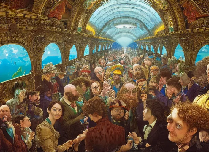 Image similar to incredibly beautiful breaktakingly detailed painting of the inside of the ornate underwater train to atlantis, various amazingly wonderful bizarre cool weird characters sat down, extreme closeup, by ford maddox brown and kilian eng and william powell frith and frederic leighton, ultra wide angle, 4 k