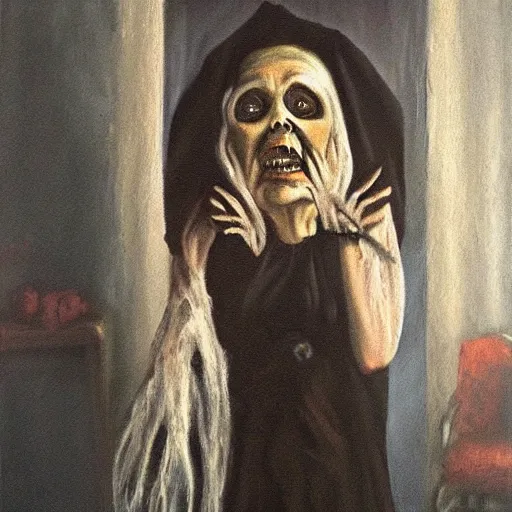 Image similar to creepy old cursed witch watching you sleep, eerie, haunted, oil painting