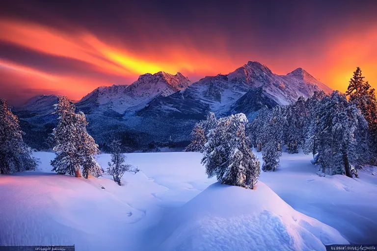 Image similar to amazing landscape photo of explosion in snowy mountains at sunset by marc adamus beautiful dramatic lighting