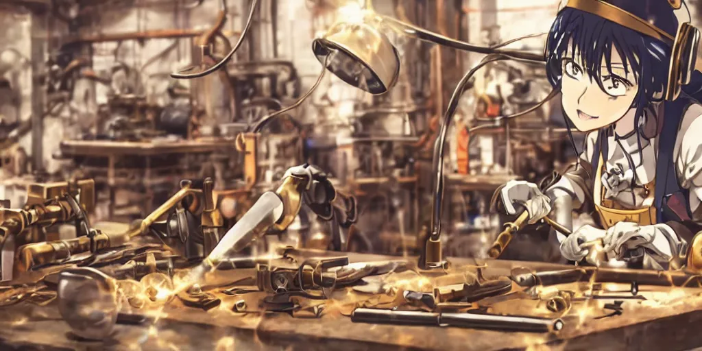 Prompt: Anime key visual of a steampunk girl welding metal in her workshop, official media