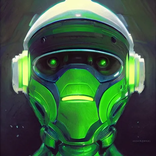 Image similar to robot with glowing green visor as a realistic scifi cyberpunk knight, closeup portrait art by donato giancola and greg rutkowski, realistic face, digital art, trending on artstation, symmetry!!!