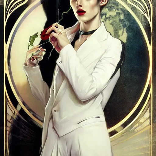 Image similar to beautiful portrait of androgynous ruby rose as desire from sandman in a white tuxedo!!!, rockabilly style, by alphonse mucha, cedric peyravernay, by jeremy mann, by frank moth, white suit and black tie, soft lightning, high detailed, 8 k