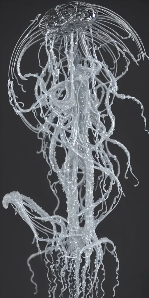 Image similar to a photorealistic render of a 3 d alien jellyfish sculpture, made of liquid metal and marble, c 4 d, by ernst haeckel and zhelong xu, complex and hyper realistic, plain background, 8 k, volumetric lightning, very detailed