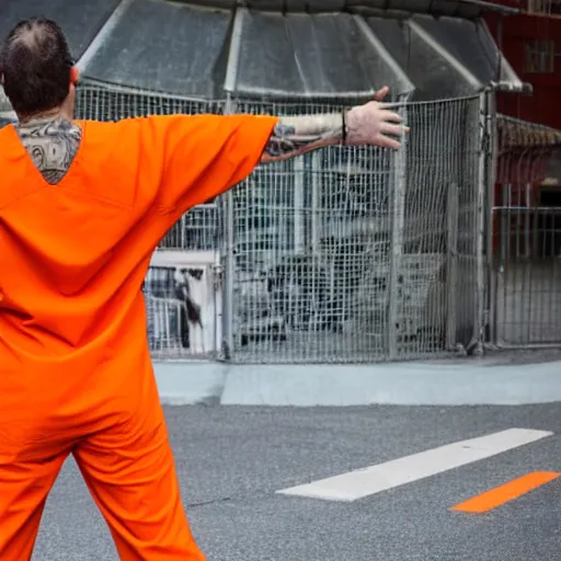 Prompt: bull wearing orange inmate clothes in a bullring