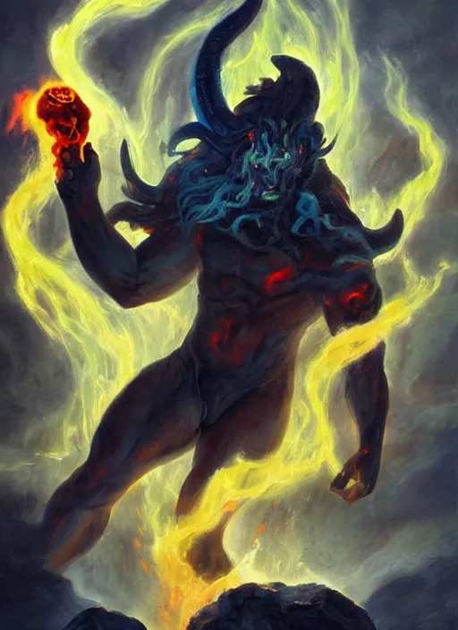 Image similar to the god of fire and brimstone. painting by caelan stokkermans and denys tsiperko