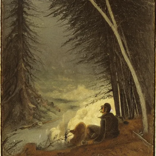 Prompt: hunter alone in the wilderness, staring forlornly at fire at midnight, deep dark boreal forest, 19th century