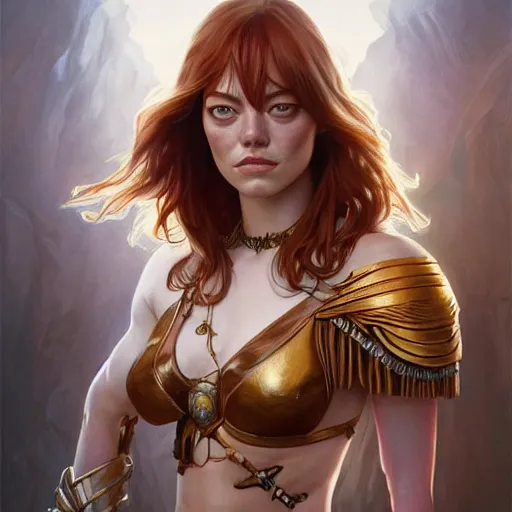 Image similar to fullbody portrait of emma stone, muscular, upper body,big chest, amazon warrior, fantasy, intricate, elegant, highly detailed, digital painting, artstation, concept art, matte, sharp focus, illustration, art by Artgerm and Greg Rutkowski and Alphonse Mucha