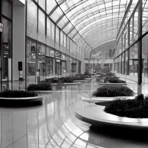 Image similar to Beautiful cameraphone 2000s, soft liminal Photograph of foggy mall with water on the floor plants growing