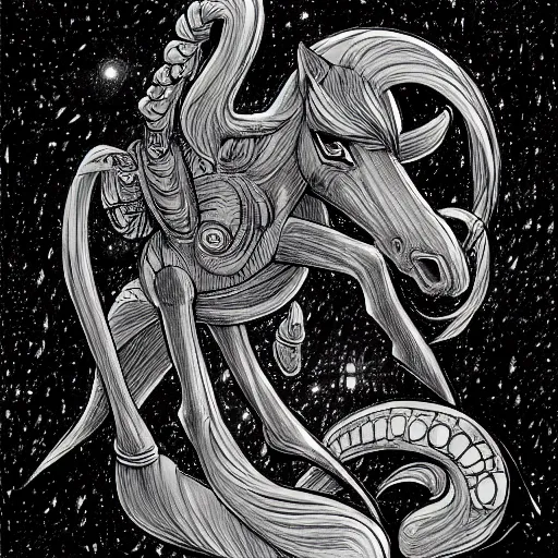 Image similar to detailed black and white illustration of my little pony in the style of h r giger and moebius and wayne barlowe