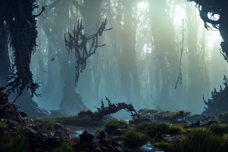 Image similar to wide epic shot from horizon forbidden west. a hyper detailed organic mechanic creatuve realistic similar look as horizon forbidden west horizon zero dawn, bioluminiscence in a dark deep forest at dawn in spring, with reflection and textures, by kilian eng, substance painter reaslitic mech surface metal painted scratches, world env from horizon forbidden west horizon zero dawn