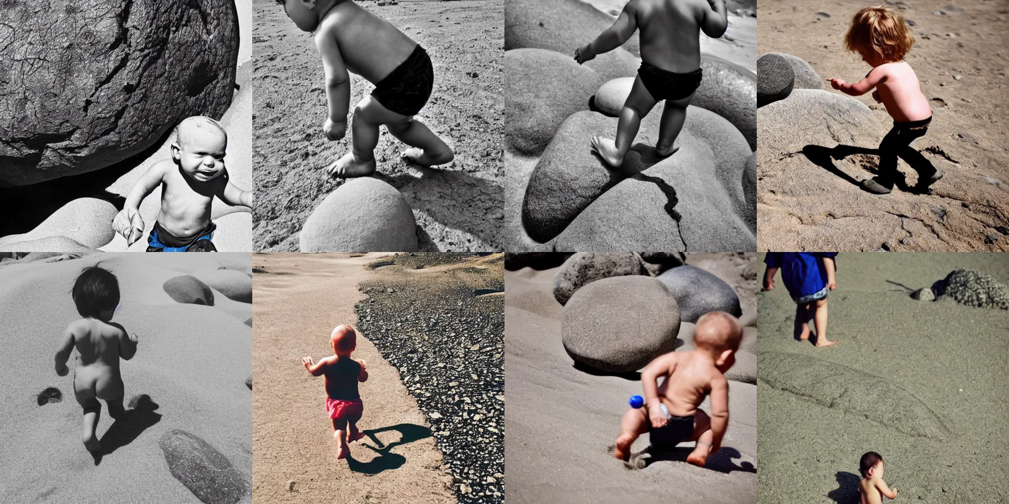 Prompt: a toddler pushing a rock uphill on a beach, ink on skin, circular tattoo, sisyphus