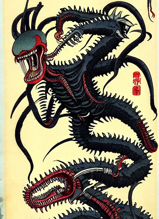 Image similar to the xenomorph as a yokai illustrated by kawanabe kyosai and toriyama sekien