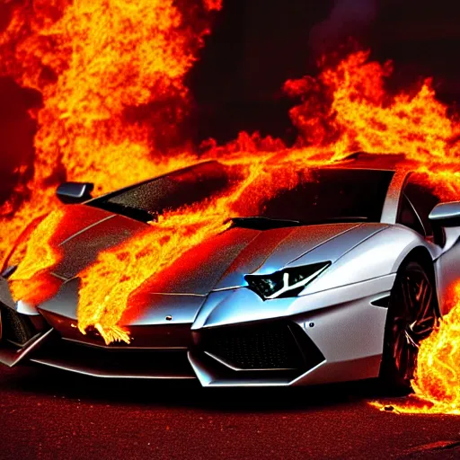 Prompt: a lamborghini aventador parked in a hellish fiery demon world, plumes of flame, scattered burning debris, acid rain, cinematic photography, film still, hd