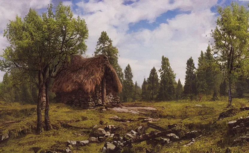 Prompt: hyppogriph near Hagrid's stone hut, spring, matte painting, dark forest on background, by Isaac Levitan and Vasily Perov