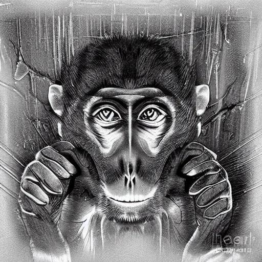 Image similar to macaque inside alien base, digital art, soft shadows, creepy art