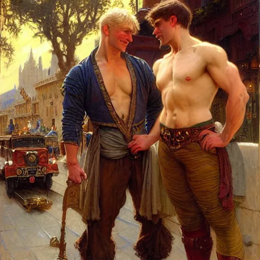 Image similar to attractive muscular arthur pendragon and muscular attractive merlin go to a pub together to have some drinks. highly detailed painting by gaston bussiere, craig mullins, j. c. leyendecker, alphonse mucha 8 k