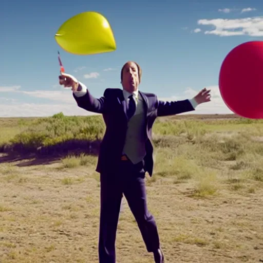 Image similar to saul goodman throwing dart at red ballon, still from better call saul