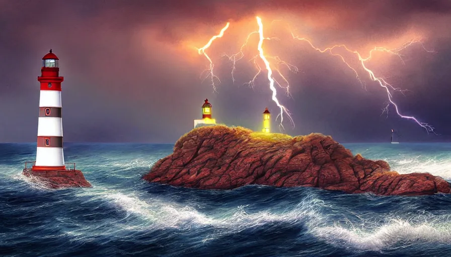 Image similar to a lighthouse being struck by lightning out at sea, digital art, highly detailed, realistic, bright colors, 8 k