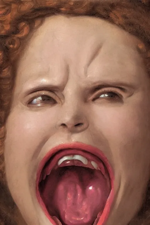 Image similar to beautiful woman, screaming face, closeup, dressed in roman clothes, ultra detailed, art by Guido Reni style